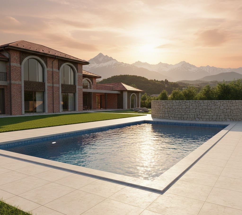 სწორად დაგეგმარებული ღია აუზი კერძო სახლის ეზოში: მზიანი მხარე და ხეებისგან თავისუფალი სივრცე.