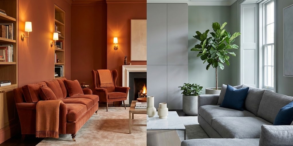 გაყოფილი სურათი, რომელიც ადარებს ინტერიერის დიზაინს: მარცხნივ მყუდრო ოთახი თბილი, ტერაკოტის ფერებით და ანთებული ბუხრით, ხოლო მარჯვნივ მშვიდი სივრცე ცივი, ნაცრისფერი და მწვანე ტონებით