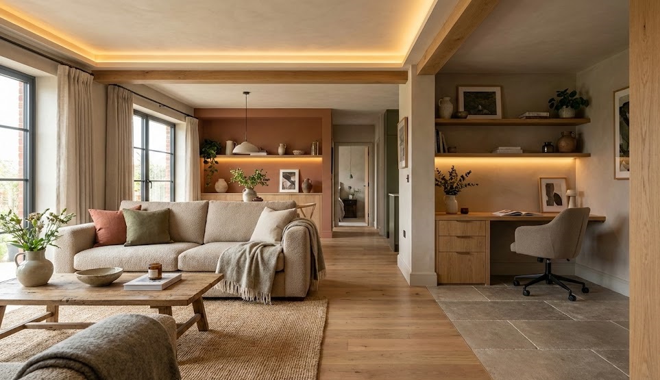 თანამედროვე ინტერიერის დიზაინი: მყუდრო მისაღები ოთახი სწორი ზონირებითა და განათებით