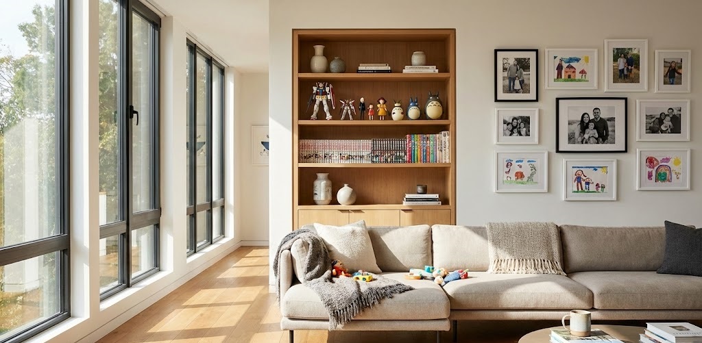 თანამედროვე მისაღები ოთახი პერსონალური დეკორით: ხის თაროები მანგას წიგნებითა და ანიმე ფიგურებით, კედელი სხვადასხვა ჩარჩოში ჩასმული ოჯახური ფოტოებითა და ბავშვის ნახატებით