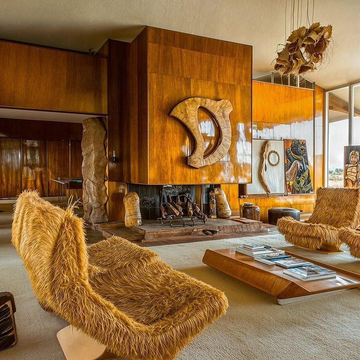 ხის ბუხარი და ოქროსფერი აქცენტები ინტერიერში, რეტრო სტილის სავარძელი