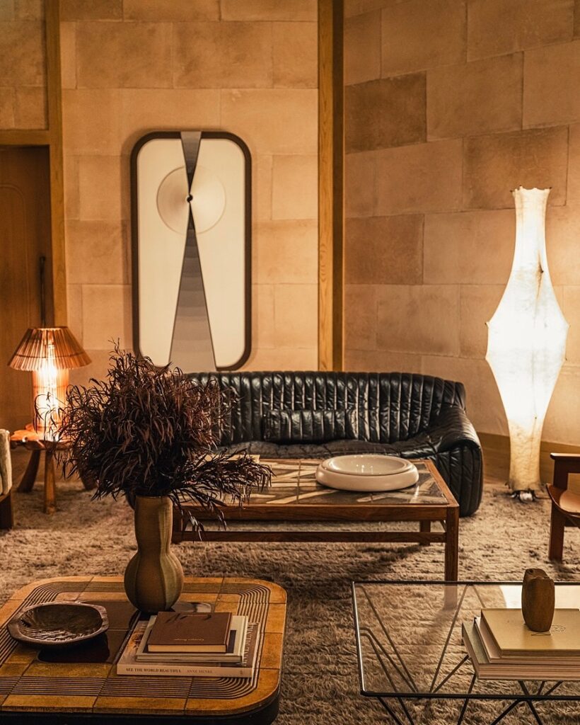 თანამედროვე მისაღები ოთახის ინტერიერის დიზაინი, შავი ტყავის დივანი, უნიკალური ტორშერი და ქვის ფაქტურიანი კედელი - Datvale.ge