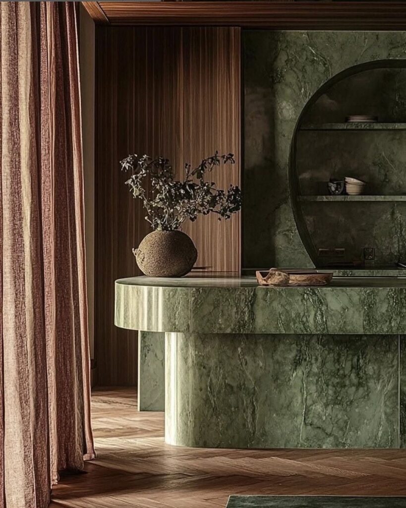 მწვანე მარმარილოს სააბაზანო ნიჟარა და მრგვალი სარკე.