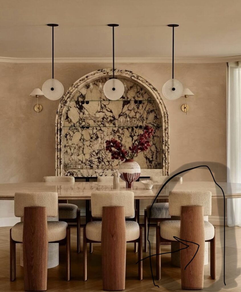 სიმეტრიული სასადილო ზონა მარმარილოს დეტალებით