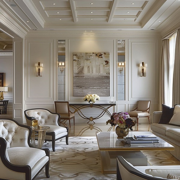 კლასიკური ინტერიერი სიმეტრიული დეტალებით, მაღალი ჭერითა და მოოქროვილი დეკორით