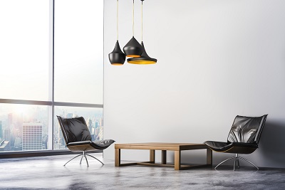 თანამედროვე მინიმალისტური ინტერიერის დიზაინი - მისაღები ოთახი ტყავის სავარძელი ხის ჟურნალის მაგიდა და შავი-ოქროსფერი ჭაღი