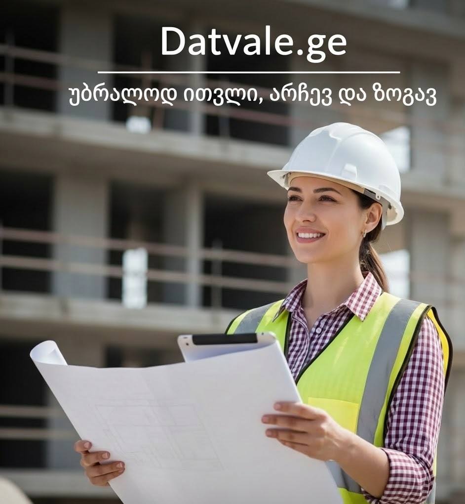 ალი პლანშეტით ხელში სარემონტო სახელოსნოში, წარწერით „Datvale.ge უბრალოდ ითვლი, არჩევ და ზოგავ“. სურათი ასახავს რემონტისა და მშენებლობის ხარჯების მარტივად დათვლის პროცესს