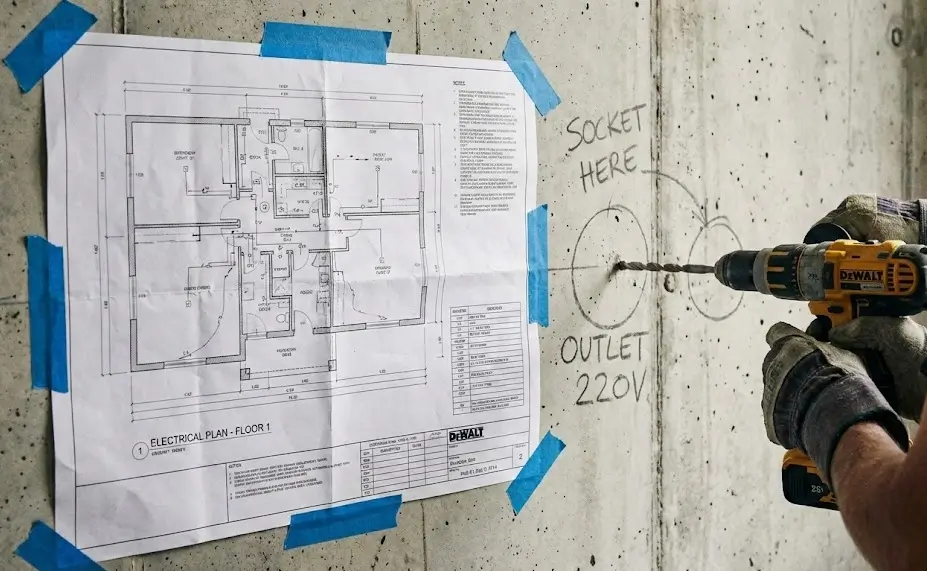 ელექტროობის და განათების წინასწარი სქემა რემონტის დროს - როზეტების და ჩამრთველების მონტაჟი ნახაზის მიხედვით.