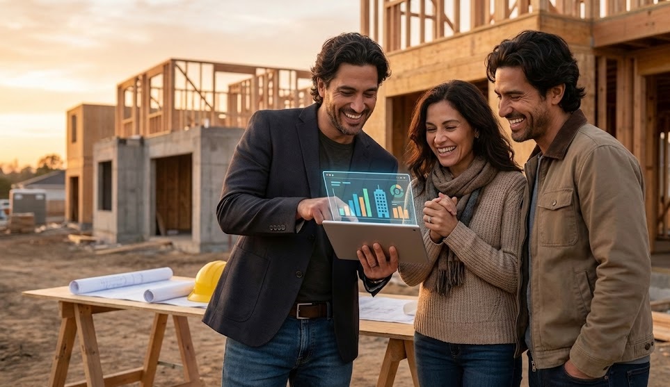 მომღიმარი ქართველი წყვილი და მშენებლობის მენეჯერი კერძო სახლის სამშენებლო მოედანზე, რომლებიც პლანშეტზე გამოსახულ ციფრულ ბიუჯეტსა და სამშენებლო გეგმას განიხილავენ
