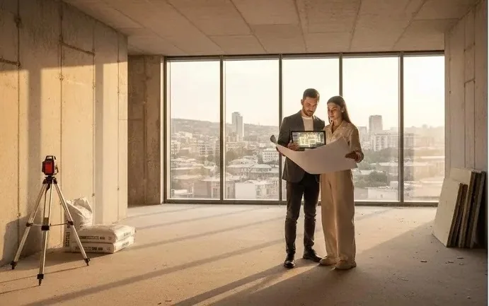 ბინა შავი კარკასის მდგომარეობაში - რემონტის დაგეგმვა და არქიტექტურული ნახაზის განხილვა ახალაშენებულ კორპუსში.