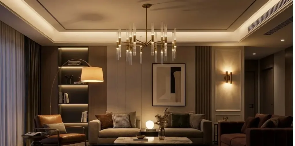 ელეგანტური მისაღები ოთახის განათება და თანამედროვე ჭაღი „ახალი ნათებისგან“ ფასდაკლებით.