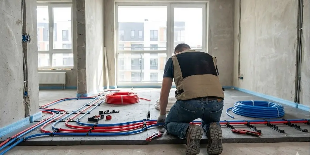 ხელოსანი ამონტაჟებს იატაკის გათბობისა (კოლექტორული სისტემა) და წყლის მილებს შავი კარკასის ბინაში ფანჯარასთან