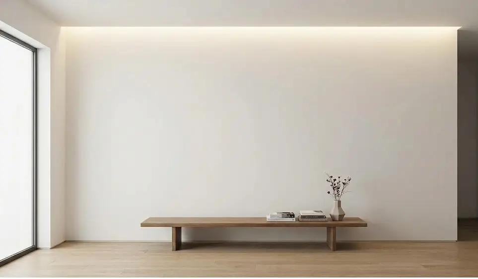 იდეალურად გასწორებული და შეღებილი თეთრი კედელი მინიმალისტურ ინტერიერში ხის სკამით.