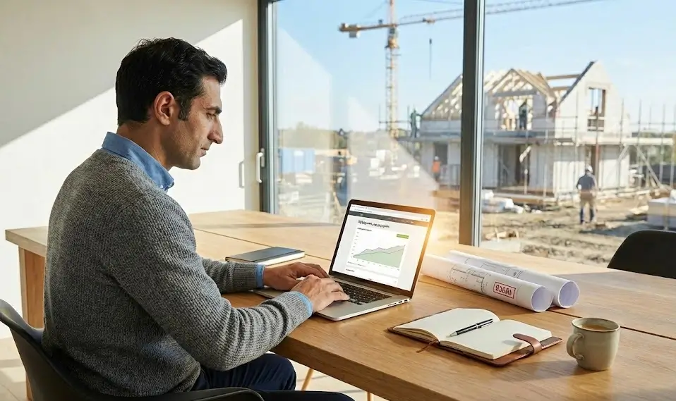 კერძო სახლის მშენებლობის პროექტის მენეჯერი გეგმავს ბიუჯეტს და აკონტროლებს სამუშაო პროცესს ლეპტოპიდან