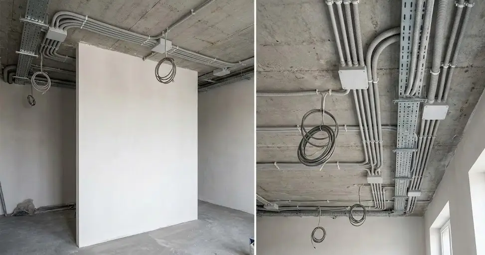 წვანე კარკასის კომუნიკაციები - ელექტროგაყვანილობა და გათბობის მილები ჭერზე 