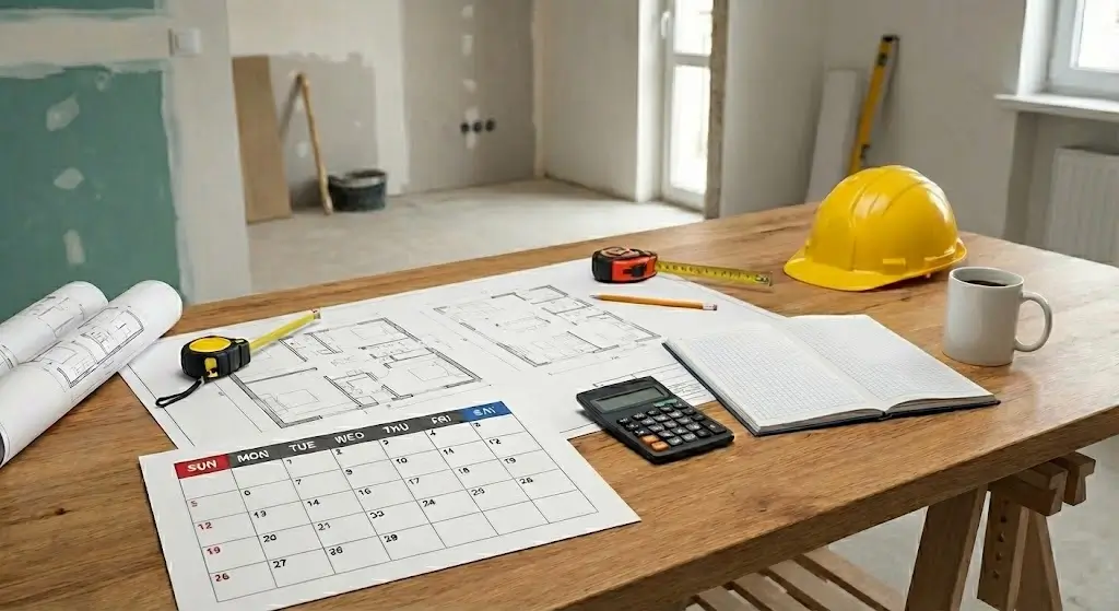 რემონტის დაგეგმვა, ნახაზები და კალენდარი მაგიდაზე - პროექტის ვადების განსაზღვრა