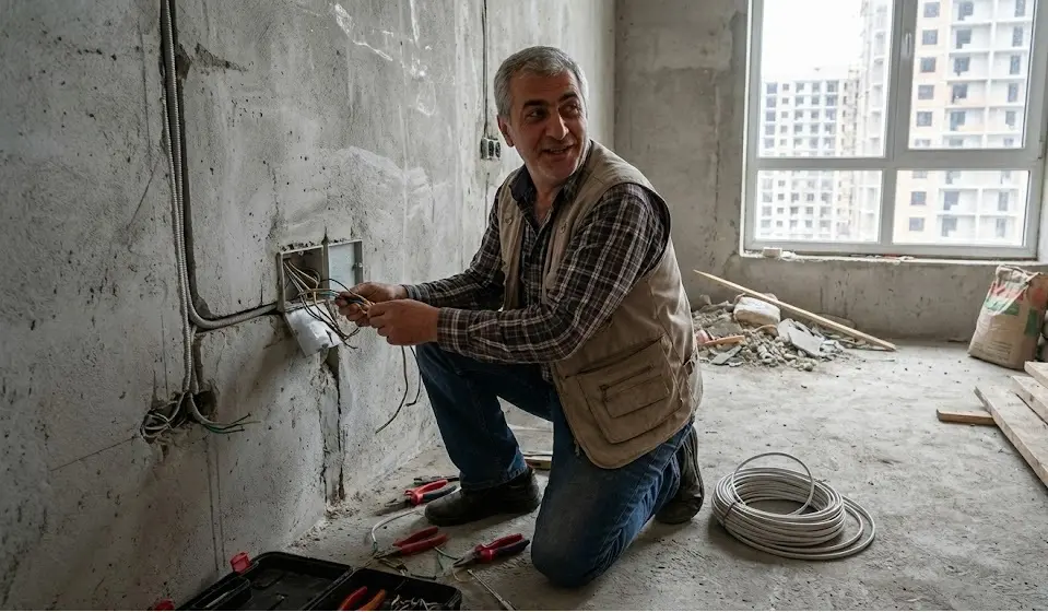 ელექტრიკოსი მუშაობს კედლის დაქსელვაზე და ამონტაჟებს ელექტროობის წერტილს ბეტონის კედელში