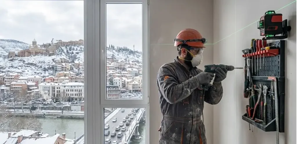 პროფესიონალი ხელოსანი მუშაობს ობიექტზე, ბინის რემონტი ზამთარში თბილისის ხედით
