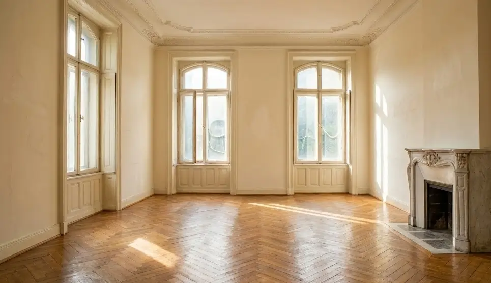 ძველი ბინის ინტერიერი მაღალი ჭერითა და პარკეტით გათბობის მონტაჟამდე