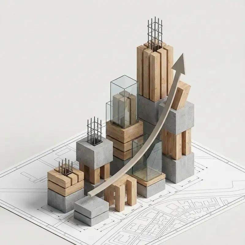 აბსტრაქტული 3D დიაგრამა, რომელიც აჩვენებს უძრავი ქონების ფასების ზრდას აღმავალი ისრითა და სამშენებლო ბლოკების სვეტებით.
