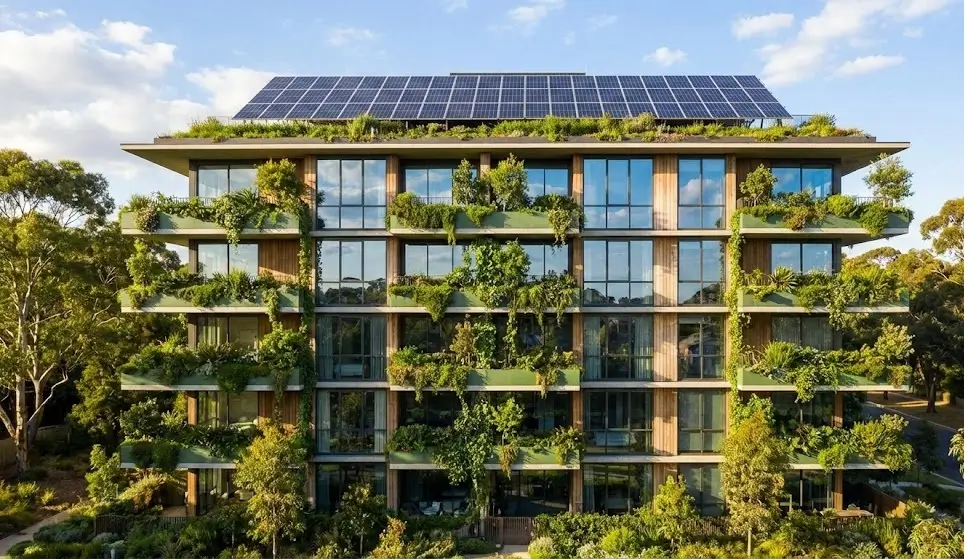 თანამედროვე ენერგოეფექტური საცხოვრებელი კორპუსი ვერტიკალური გამწვანებით აივნებზე და მზის პანელებით სახურავზე.