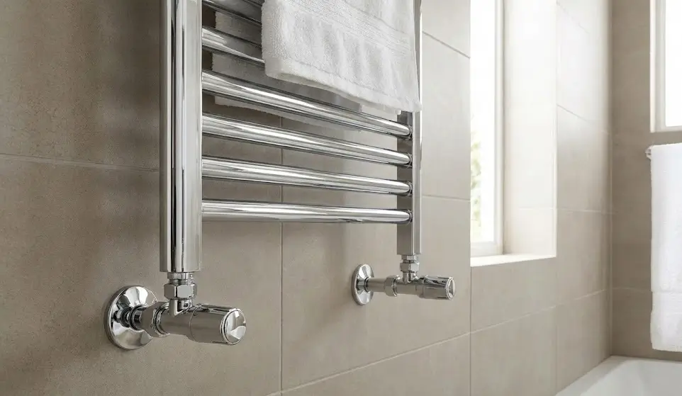 ქრომირებული აბაზანის საშრობი რადიატორი (სუშილკა) დამონტაჟებული კედელზე.