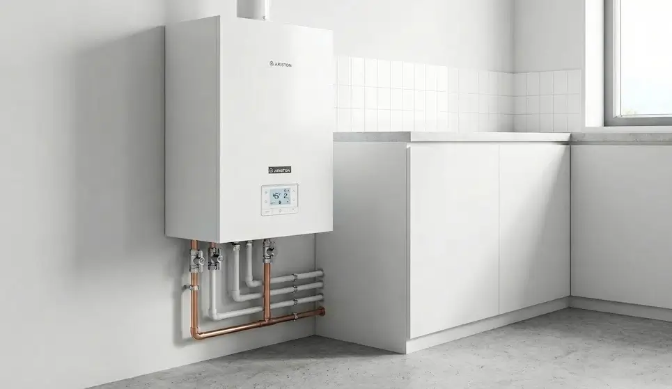 კედელზე დამონტაჟებული თანამედროვე გათბობის ქვაბი Ariston-ი ქვედა მიერთებებით.