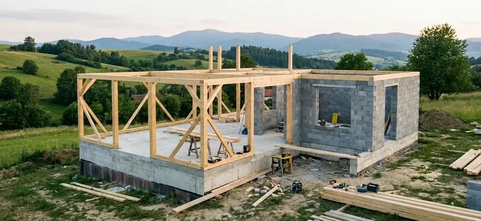 კერძო სახლის მშენებლობის პროცესი ხის კარკასული კონსტრუქციით ბუნებრივ, მწვანე გარემოში.