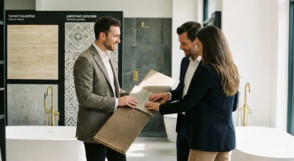 რემონტის პირადი ასისტენტი და კლიენტი არჩევენ იატაკის ხის ნიმუშებს სამშენებლო მასალების შოურუმში.