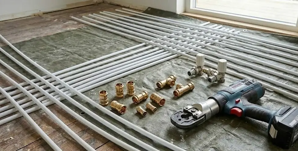 გათბობის მილები, ფიტინგები და სამონტაჟო ხელსაწყოები რემონტის პროცესში.