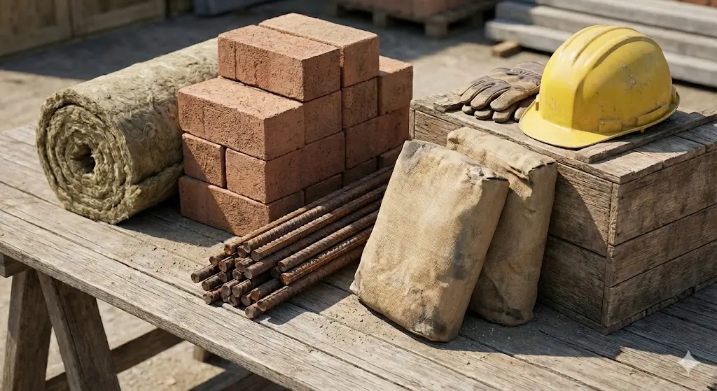 სხვადასხვა სამშენებლო მასალა: აგურის შეკვრა, ფოლადის არმატურა, ცემენტის ტომრები და ხის მასალა სამშენებლო მოედანზე.