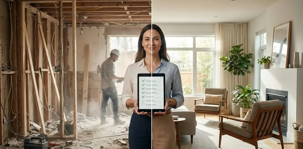 რემონტის პირადი ასისტენტი ქალი პლანშეტით ხელში, ფონზე ნაჩვენებია გაყოფილი კადრი: მარცხნივ სამშენებლო ქაოსი და მარჯვნივ დასრულებული მყუდრო საცხოვრებელი ოთახი.