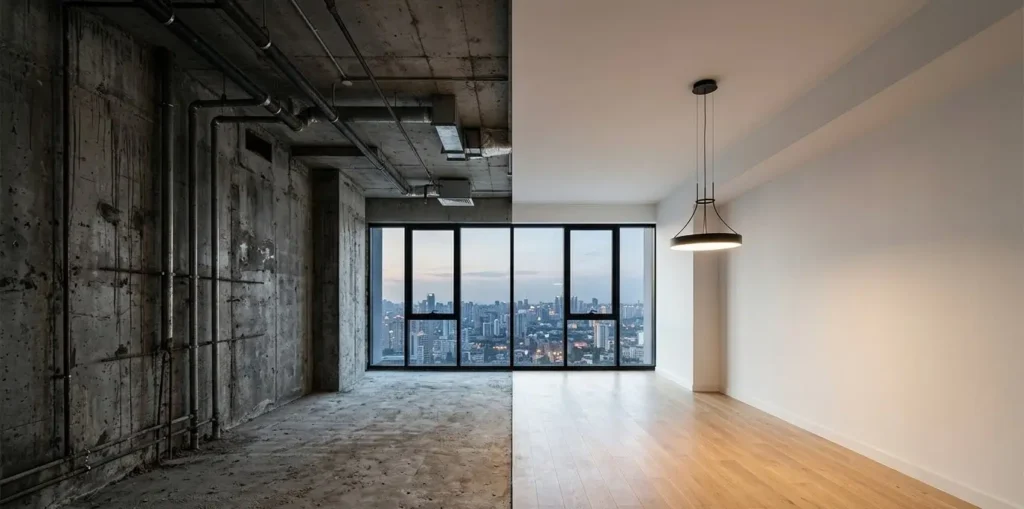 ვერტიკალურად ორად გაყოფილი ოთახი. მარცხნივ ჩანს დაუსრულებელი ბეტონის კედლები და ჭერი მილებით, მარჯვნივ კი - დასრულებული რემონტი, ხის იატაკით და განათებით.