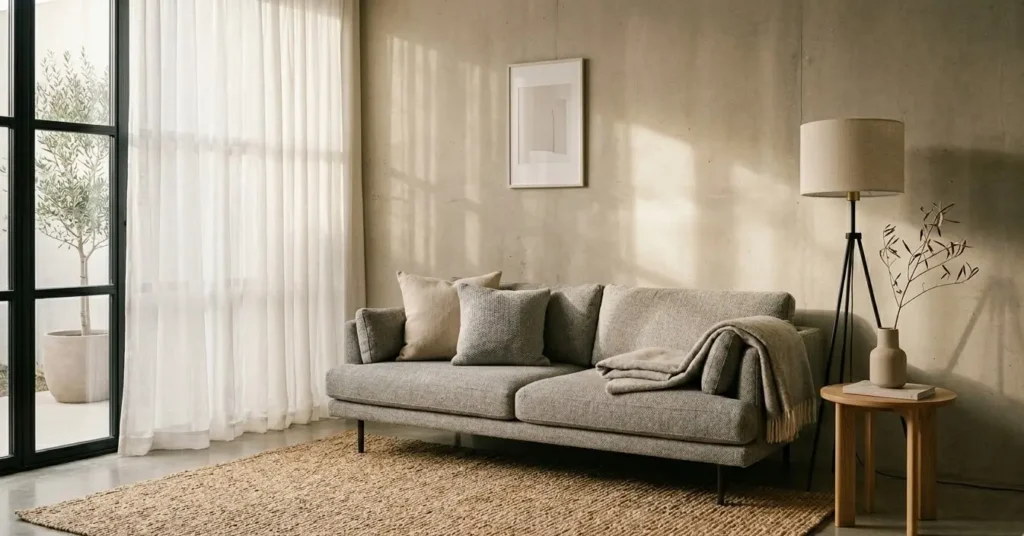 ნათელი, მყუდრო მისაღები ოთახი ნაცრისფერი დივანით, ბალიშებით და ხალიჩით. კედელზე კიდია სურათი, ფანჯრიდან კი დღის შუქი შემოდის.