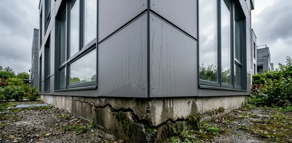 თანამედროვე შენობის საძირკვლის კუთხე, რომელზეც ჩანს სერიოზული, ღრმა ბზარი და ნესტის კვალი.