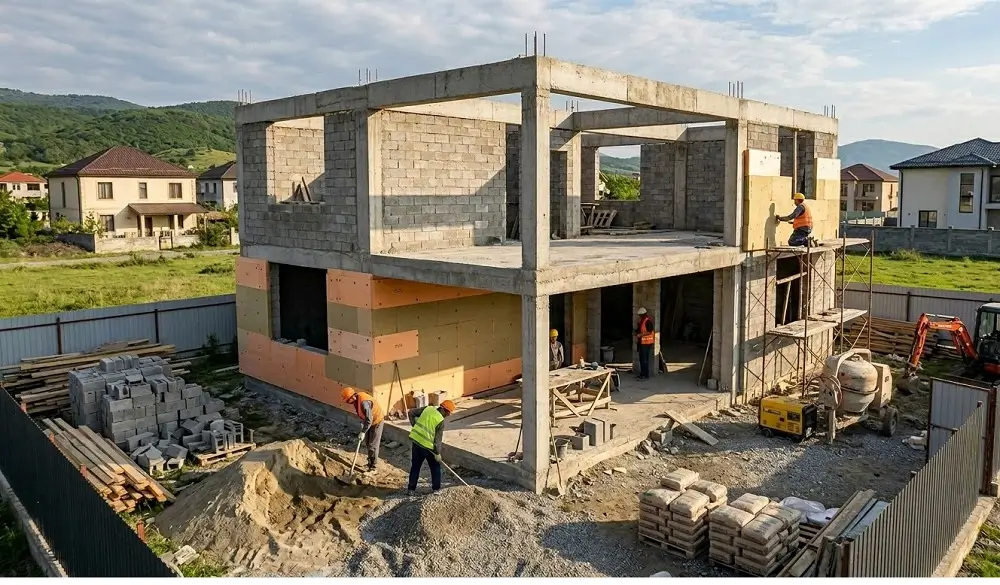 კაპიტალური კერძო სახლის მშენებლობის პროცესი საქართველოში - ბეტონის კარკასი, თერმოიზოლაცია და მუშები აქტიური მუშაობისას.