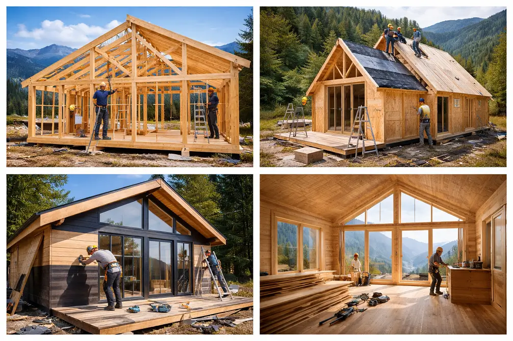 ხის კოტეჯის მშენებლობის ოთხი სხვადასხვა ეტაპი საქართველოში - კარკასიდან დასრულებამდე.